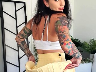 Busty curly brunette with big boobs fucks on couch