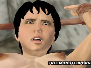 Buxom brunette gives a blow job to a zombie's penis in 3D