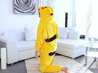 Amazing sexy Pikachu enjoys spreading her wet shaved wide hole