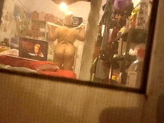 Caught my chubby step aunt dressing voyeur-style after shower, homemade recording.