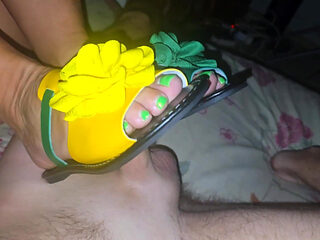 Stepmom in Bright Flip-flops in Bed with Her Stepson