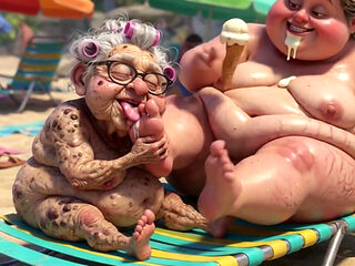 Elderly Granny Passionately Sucking BBW Feet on the Beach