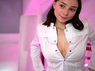 Teen brunette cheerleader squeezes boobs and masturbates