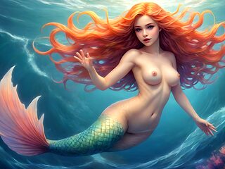 32 Nude Images of Cartoon Elf Mermaid Girl in the Wave