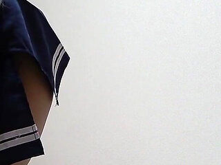 Busty Tanned Japanese Surfer Girl in Braless Student Uniform, Mini Skirt, Wedgie Thong Panties, Socks, Sexy Apartment Cleaning