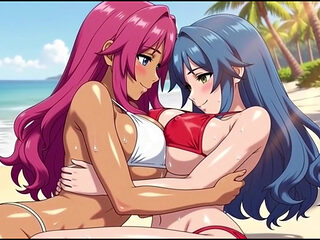 Two busty girls enjoy lesbian sex at private beach vacation