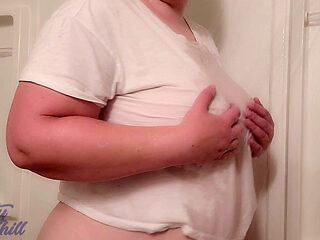 Wet T-shirt Tease in Shower with Curvy Natural Tits