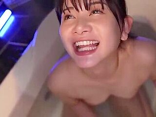 He takes a bath with a beautiful girl in uniform, gives her a blowjob, and then fucks her from behind.