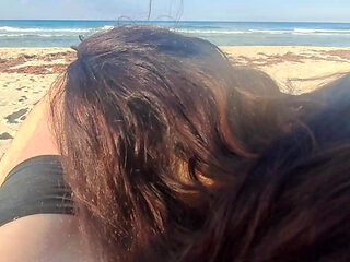 MILF Sucks Cock and Swallows Cum on the Beach POV