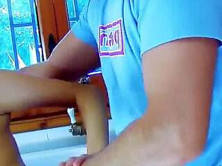 Thai skinny teen Sharon fucked by step dad in the kitchen