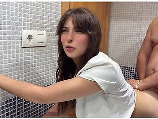 Creampie In My Hairy Pussy, My Stepfather Fills Me With Semen In The Bathroom While His Friends Are In The Living Room