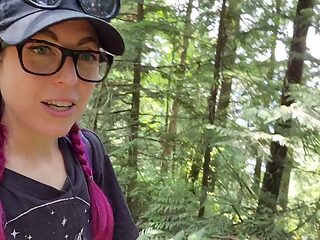Naughty nerdy girl pees on four trees in public hiking adventure