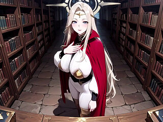 Languid Reading in a Gothic Library, White Robe and Red Cape, Hand Resting Gracefully with Half-closed Eyes.