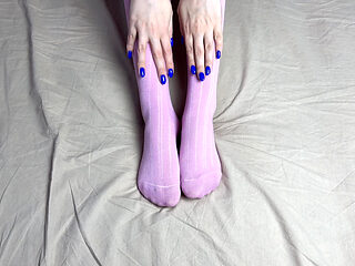 Pink Socks in Hands of Mistress with Blue Nails in Solo Video