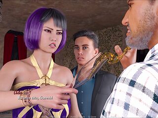 Shaved pussy and gameplay of a hot adult visual novel featuring a busty brunette