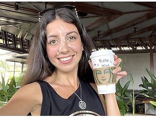 Katty West In Blowjob In A Public Toilet Starbucks And Cumwalk - She Drinks Coffee With Cum On Face Among People