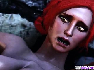 Redhead Triss fucked in threesome