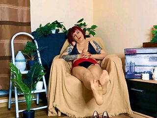 Lady Angela Nylon Worship Red Hair Domina Foot Tattoo Pedicure