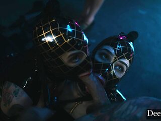 Brunette babes Joanna Angel and Evelyn Claire in a rough latex ffm