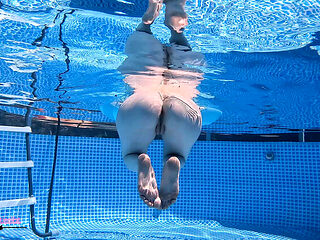 Skinny American Kat Outdoor Pool Voyeur: Underwater Striptease & Nude Swimming in 4K