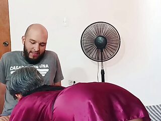 My stepbrother caught me masturbating in the middle of a video call and helps me finish - Porn in Spanish. I'm in my room on a v