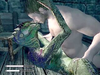 Lusty Argonian maid Naruka stretches her legs in a sexy animated adventure
