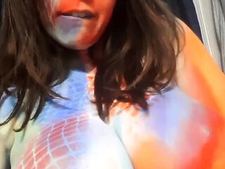 Busty curly brunette with big boobs fucks on couch