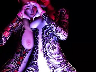 Japanese demon Oni Sisters give a hot lap dance in cowgirl POV
