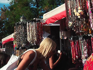 Busty Blonde MILF Drains Stranger Publicly for Voyeurs