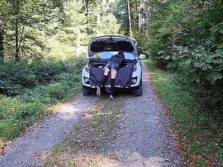 German redhead Malou-Nu gets car sex help with roadside blowjob and doggystyle fuck