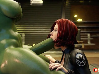 Black Widow blows She Hulk's massive cock and gets fucked in the hard with it