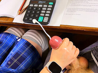 Student First Meeting with a Classmate Starts with a Handjob Under the Desk in Math Class.