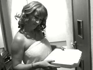 Pizza delivery guy brought pizza His met by naked owner sexy blonde MILF without panties and bra. Shower. Ass mature Tits Pussy