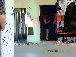 European milf plays with voyeur's cock in public
