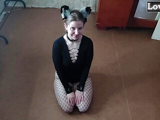 Sexy Kitty Eats From a Bowl and Licks Her Master's Feet - Lovessie