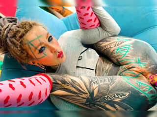 Skinny Tattooed Girl Anal Solo - Big Dildo in Tight Tiny Asshole