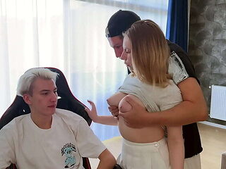 Step Dad Takes Virgin Step-Son's First Time with Busty Girlfriend - MMF Threesome POV Blowjob & Missionary