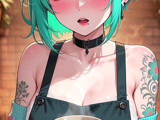 Turquoise-haired, huge tits anime waitress gets fucked by a client - AI-generated content