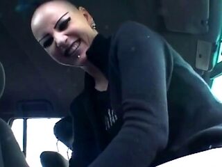 Pierced Shaved Head Babe Spreads Pierced Pussy Dripping Cream Outdoors