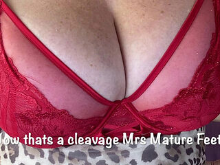Mature British MILF with Big Natural Tits and Stockings Strips in Red Dress for Friend - Homemade HD Footing