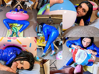Dominant MILF Leather Pants and Glossy Downjacket. Air Mattress, Beach Ball Popping and Cum Play