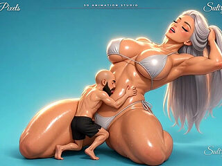 Tiny Man Pulls the Bikini String of a Kneeling Anime Giantess and Dives Into Her Belly