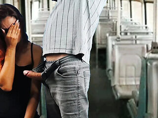 Stranger fucks teen redhead student on public bus - risky public sex creampie