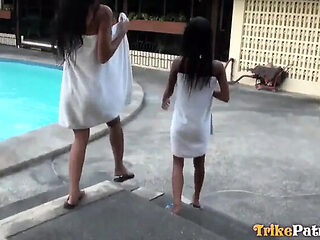 Asian Threesome Outdoor: Two Horny Friends Share Giant Foreign Cock by Pool