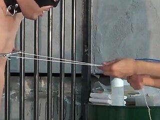 Anal Dildo Fixed, Electric Shocks to Nipples and Dick, Repeated Beatings with a Cane, by Mistress to Slave Butler Discipline