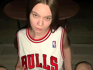 Good babe gives her stepdad a deep blowjob while kneeling. Cum on stepdaughter big natural tits