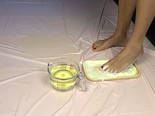 Golden shower session with sole fetish and food play; swallow and lick it all up
