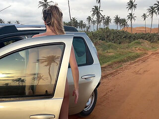 Naked Busty Blonde Walks by Car on Public Road