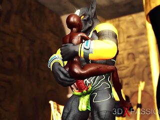 Ancient Egypt. Anubis plays with a hot black girl in the temple