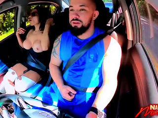 No Shame! Natzinha Flashing Her Tits in Traffic and Rubbing Herself.